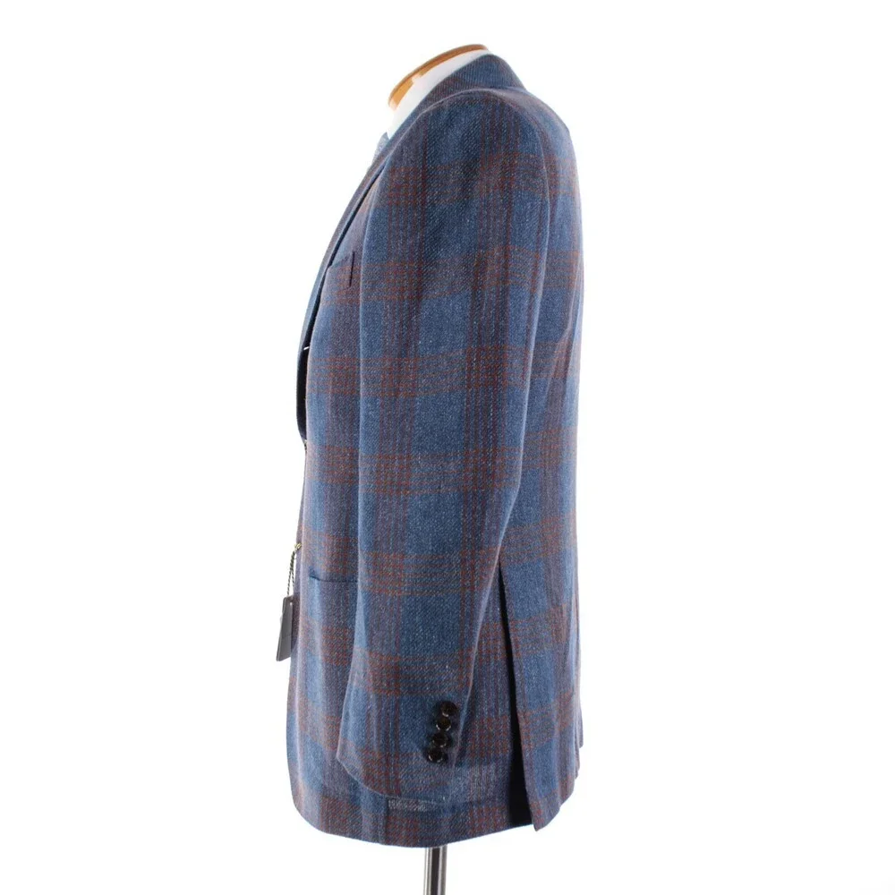 Sartorio Kiton NWT Linen Blend Sport Coat Size 50R 40R US In Blue w/ Brown Plaid